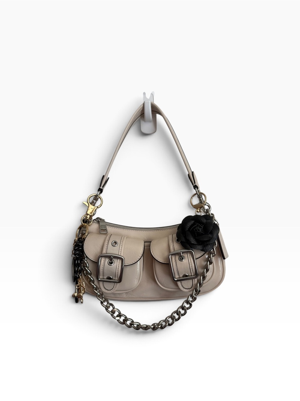 Coach White Patent Leather Shoulder Bag with Black Flower Accent